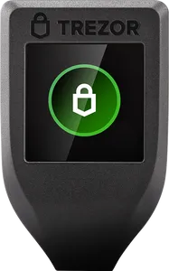 A black plastic rectangle that tapers towards the bottom. It has a "TREZOR" logo and a square screen displaying a lock icon.