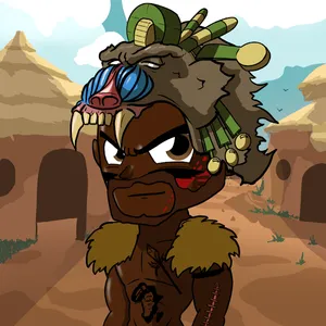 Illustration of a man with a hood made from a baboon skin wearing jewelry. The man has brown skin and a brown beard, and is shirtless except for furred shoulder coverings