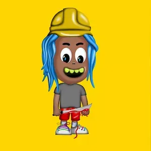 An illustration of a human character on a yellow background, wearing a yellow construction helmet, with blue hair. It has yellow teeth and is holding a bloody machete.