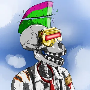 A grey ape skull on a blue background with clouds. The skull has a pink and green mohawk, a laser module for eyes, and teeth resembling piano keys. It's wearing a shredded white dress shirt with a tie.