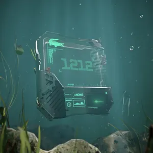 A rendering of a futuristic device with a translucent screen, showing the Lacoste alligator logo and the number 1212. The device is underwater in a murky body of water.