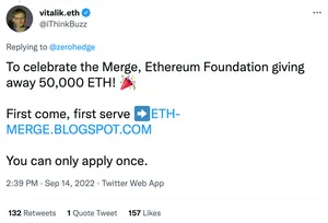 Tweet by Twitter account with the verified display name "vitalik.eth" but the account handle "iThinkBuzz". Tweet reads "To celebrate the Merge, Ethereum Foundation giving away 50,000 ETH! 🎉

First come, first serve ➡️https://ETH-MERGE.BLOGSPOT.COM

You can only apply once."