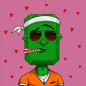 An illustration of a person with green skin and a face shaped like a square-cut gem. They're wearing a white bandana, sunglasses with dollar sign patterns, and a prison uniform, and they have a party horn in their mouth.