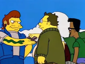 Still frame from The Simpsons episode "Homer Goes to College", where they encounter the "wallet inspector"