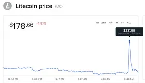 A graph of the value of Litecoin, showing a brief but large spike in its value