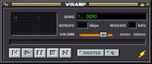 The first Winamp skin, a dark grey interface with buttons resembling those used in Windows 95 or 98