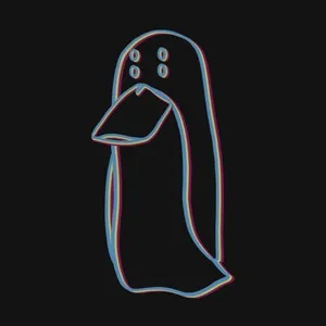 A grey outline of a penguin with four eyes, on a black background