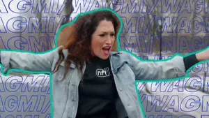 Randi Zuckerberg sings outside in the snow, with "WAGMI" text overlaid on the background