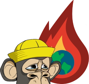 Illustration: A sad-looking Bored Ape Yacht Club NFT monkey looks at a world engulfed in flames.